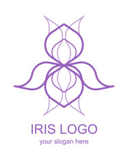 Floral linear icon. Iris flower lineart logo. Thin line logotype for a spa, wellness center, massage or beauty salon. Vector design element in monoline style isolated on white background. 
