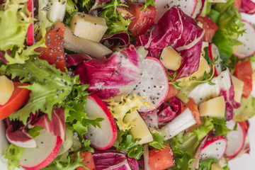 Fresh salad with mixed greens, radish, cheese and tomato. Italian Mediterranean or Greek cuisine. Vegetarian vegan food