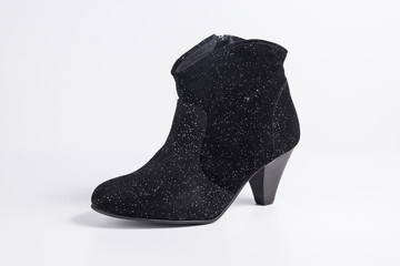 Female Black Boot on White Background, Isolated Product, Top View, Studio.