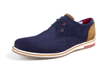 Male Blue Shoe on Black Background, Isolated Product, Top View, Studio.