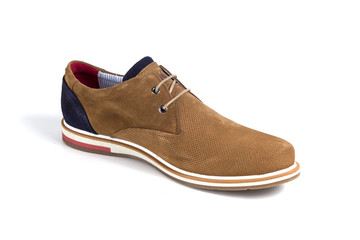 Male Brown Shoe on Black Background, Isolated Product, Top View, Studio.