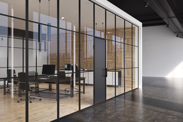 Office corridor, glass walls, side