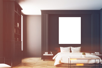 Black bedroom interior, poster toned