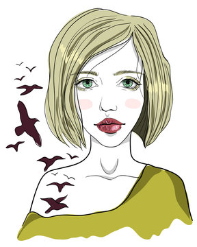 Portrait of a girl with a birds tattoo. The girl-bird with blond hair on white background. Fashion illustration
