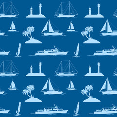 Seamless Pattern, Objects Related to Sea and Ocean, Islands with Palms Trees, Ships, Lighthouse, Sportsman Surfer, Silhouettes on Tile Background. Vector