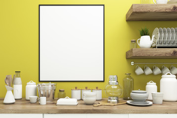 Yellow kitchen with poster, shelves close up