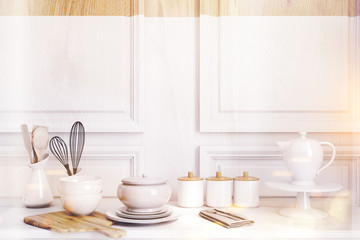 Fototapeta na wymiar White wooden kitchen countertop toned