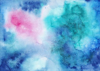 Fototapeta na wymiar Abstract watercolor blue, emerald and pink texture. Background for design