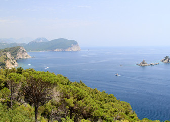 Beautiful sea landscape with rocks, trees. Montenegro, Ulcin