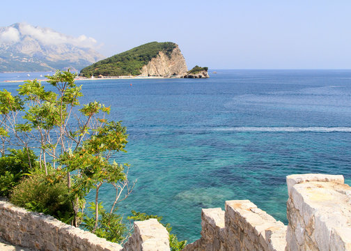 Beautiful sea landscape with rocks, trees. Montenegro, Ulcin