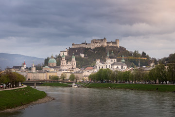 Fototapeta na wymiar View of Fortress Hohensalzburg. and Salzach river in Salzburg