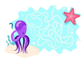 Help cute octopus to find way to the starfish! Vector maze game. 