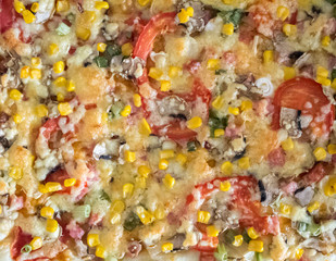 Top view of delicious fresh Pizza background.