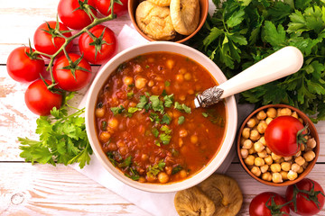 Soup Harira with figs. Ramadan food. Traditional Jewish cuisine