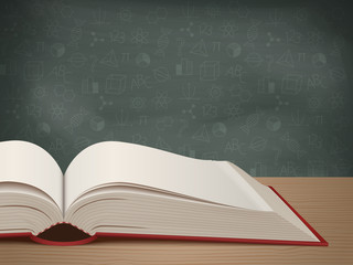 Open book on the background of a chalkboard. Back to school. Education and reading concept. Vector illustration