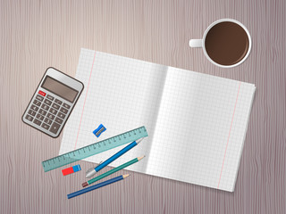 Open exercise book, school supplies and cup of coffee on wooden desk. Back to school. Education and school concept. Vector illustration