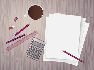 White sheets of paper, school supplies and cup of coffee on wooden desk. Back to school. Education and school concept. Vector illustration