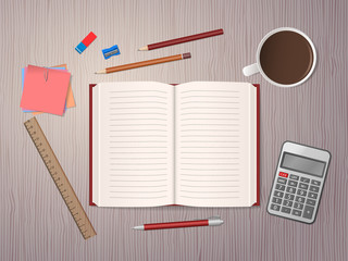 Open notebook, school supplies and cup of coffee on wooden desk. Back to school. Education and school concept. Vector illustration