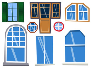Different types house windows elements flat style frames construction decoration apartment vector illustration.