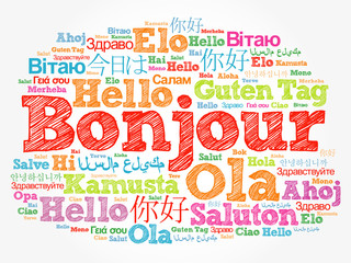 Bonjour (Hello Greeting in French) word cloud in different languages of the world, background concept © dizain