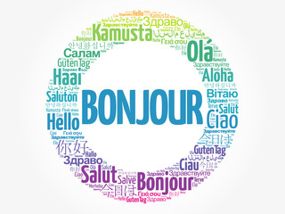 Bonjour (Hello Greeting in French) word cloud in different languages of the world, background concept © dizain