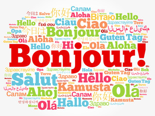 Bonjour (Hello Greeting in French) word cloud in different languages of the world, background concept © dizain