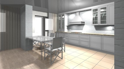 white kitchen with dining area 3D rendering interior design