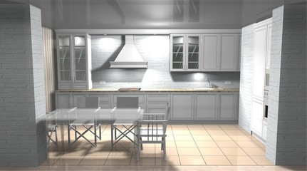 white kitchen in classic style with dining area 3D rendering interior design