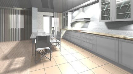 dining area in white kitchen 3D rendering interior design