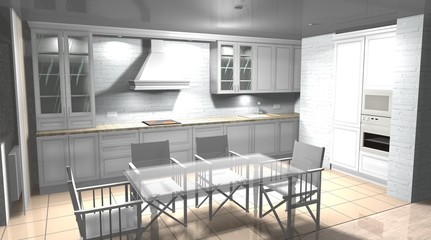 white kitchen  in a loft style dining area 3D rendering interior design