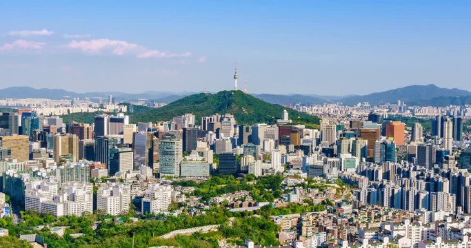 Aerial view of Seoul downtown cityscape and Namsan Seoul Tower on sunset Seoul, South Korea.
