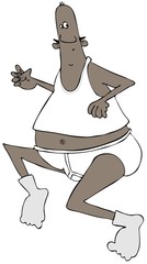 Illustration of a scared man wearing underwear and socks running while looking behind.