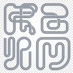 Map of the tramway for trains with turns and bridges vector illustration. Railway line curvy and straight rails set, labyrinth and nodes toys ladder collection.