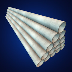 Stack of plastic pipes. 3d render on blue