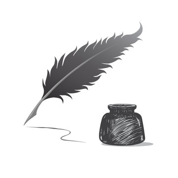 Feather pen and inkwell. Drawing of ancient pen on white background in doodle style. Concept for education.