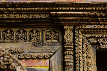 textures on the door frame in the palace in Patan Nepal