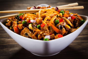 Pasta with meat asian style 
