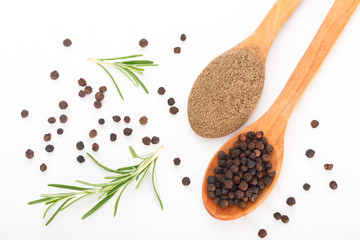 Black pepper relieves cold and cough. Healthy food ingridients. Top view.