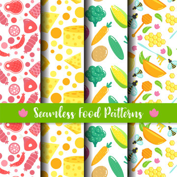 Seamless Pattern With Food. Healthy Vegetables, Cheese And Meats. Print With Honey And Bee.