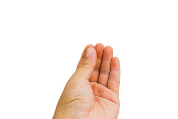 left hand of asian man holding invisible card isolated on white background