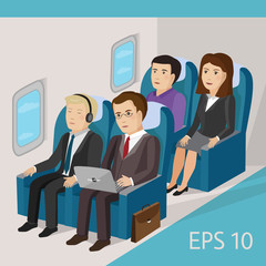 Passengers on the plane. Business trip. Vector illustration