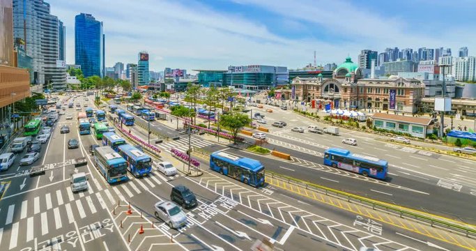 Time Lapse Traffic at Seoul Station in Seoul South Korea. 