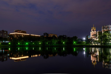 night Moscow Novodevichy monastery river reflection