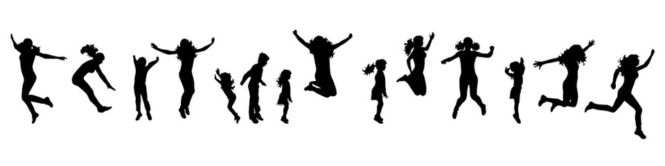 Vector silhouette of people who jump on white background.