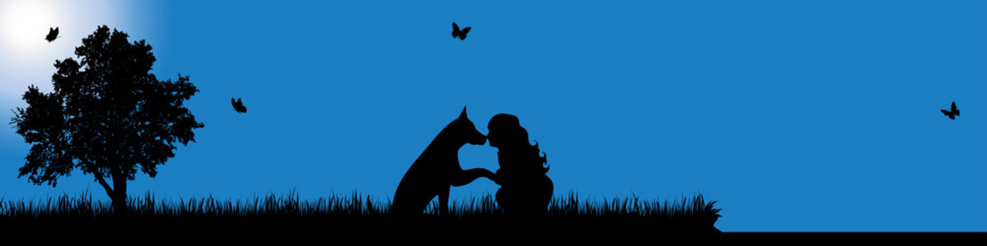 Vector silhouette of girl with dog in nature at sunny day.