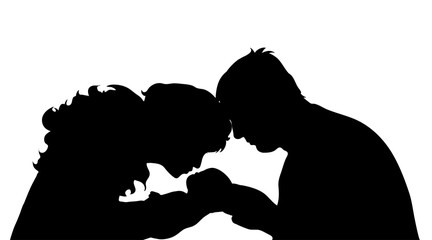 Vector silhouette of profile of family on white background.
