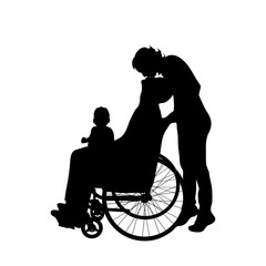 Vector silhouette of family with man on wheelchair on white background.