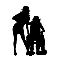Vector silhouette of couple on wheelchair on white background.