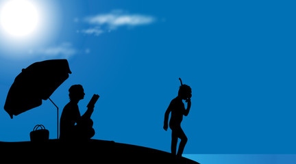 Vector silhouette of family on the beach at sunny day.