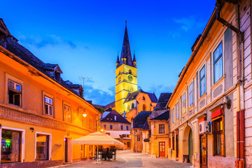 Sibiu, Romania, Lutheran cathedral tower in the Small Square (Piata Mica).